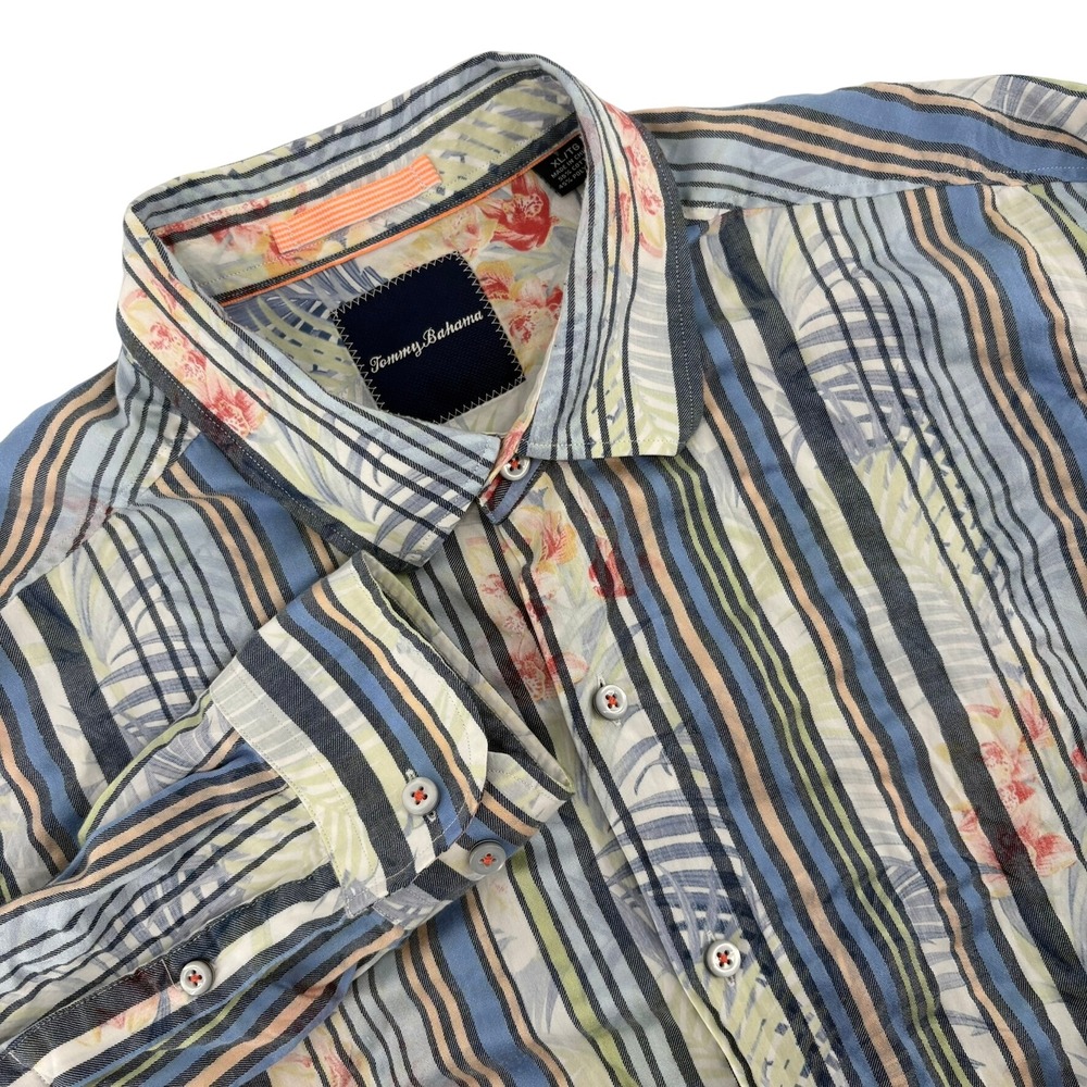 Tommy Bahama Mens XL Striped Floral Tropical Long Sleeve Button Down Shirt Blue
